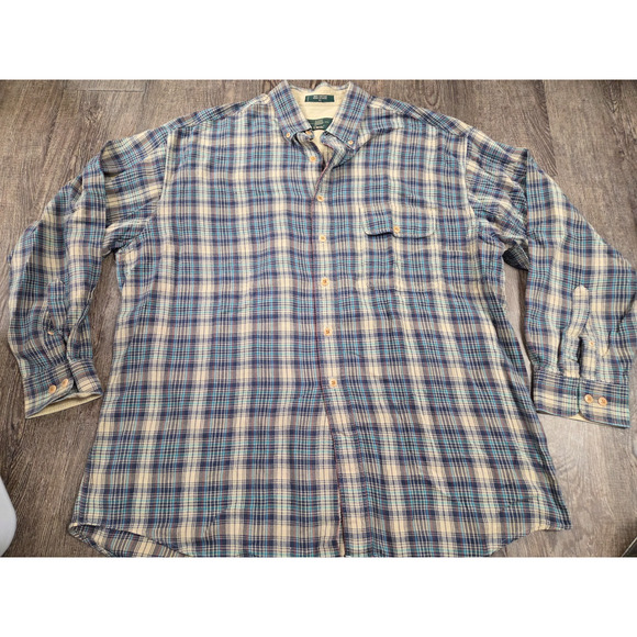 Orvis Vintage Men's Navy Blue Beige Plaid Button Front Long Sleeve Shirt XL - Picture 1 of 4